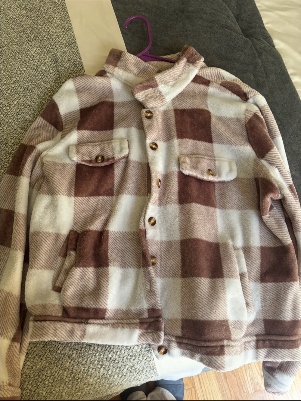 Plush Plaid Button-Up Jacket in Brown & Cream